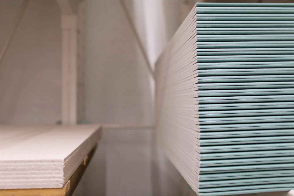Drywall: o que é e como usar? 2 pallet with drywall sheets plasterboard building warehouse store 1